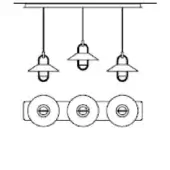 Pendant light fixture, matte gray metal, three conical shades suspended from a rectangular bar with visible threaded sockets.