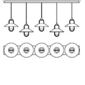 Linear chandelier with five conical shades in dark metal, paired with five recessed ceiling lights, against a white backdrop.