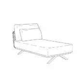 Chaise lounge line drawing, metal legs, rectangular seat, rope detail armrest, square pillow, minimalist design, white background.