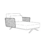 Chaise lounge line drawing, modern style, rectangular frame with woven square sides, angled legs, and two cushions.