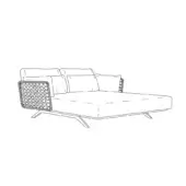 Sectional sofa line drawing, light fabric upholstery, modular design with chaise, woven grid frame, tapered legs, mid-century modern style.