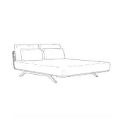 Chaise lounge black line drawing, rectangular form, angled backrest, three square pillows, tapered legs, rope detail, white background.