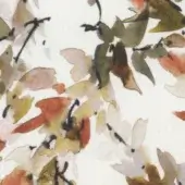 Watercolor floral textile pattern with terracotta, olive, beige, and pink blossoms on a white linen-textured background.