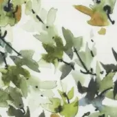 Watercolor leaf pattern with green and yellow foliage on off-white woven texture, featuring delicate branches and subtle “fiori lime” text.