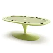 Pokertable, green felt and metal, oval tabletop with circular cup holders and central logo on a white background.