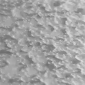 Grayscale textured material sample displaying irregular granules, craters, and reflective highlights with a mottled, uneven surface and diffuse lighting.