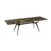 Distinctive Sovet Italia Arkos rectangular table with tempered glass in black and gold patterned finish and matte black lacquer aluminum legs