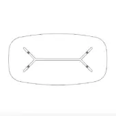 Oval table with matte gray metal base featuring a central horizontal bar and angled circular supports, minimalist line drawing.