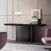Sophisticated Bonaldo One console presents a unique silhouette with hand spatulated clay finish on wood and metal creating a uniform dark aesthetic
