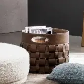 Exceptional Bonaldo Roger magazine rack crafted in dark brown emery leather with intricate basket-weave and matte finish