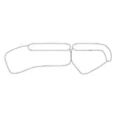 Eyeglasses line drawing, minimalist frames, rounded left lens, angular notched right lens, thin continuous line, white background.