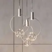 Distinguished Bonaldo Keshi suspension lamp with interconnected silver metal frames and clear glass globes containing tiny lights