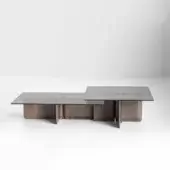 Exceptional Potocco Shape coffee table with smoked glass top and textured medium-brown ash wood geometric base crafted with brass joints