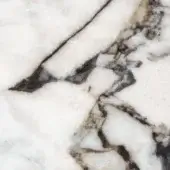 White marble texture with dark gray and brown veining, polished finish, irregular patterns, smooth surface, and subtle tonal variations.