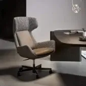 Superior Bonaldo Newton armchair upholstered in textured gray fabric with smooth brown leather and a black swivel base