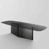 Exclusive Tonelli Design Bow table with matte black tabletop and geometric fused glass base showcasing embossed T-Squares texture