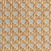Cane vienna straw panel, light tan, with a complex crisscross weave forming a grid pattern and square openings, on a pale gray background.