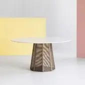 Elegant Potocco Sophie table with light tabletop and light brown “Gassa” nautical rope wrapped octagonal steel base with smooth finish
