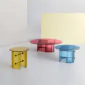Elegant Potocco Double L Glaze coffee table crafted in cherry red glass with a unique curved support base