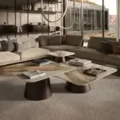 Distinguished Cattelan Italia Albert Keramik coffee table with swirling beige, brown and white marble-effect ceramic tops and dark brown matte conical bases