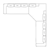 Corner sectional sofa schematic, white line drawing, L-shape with rectangular modules featuring stylized V-shaped cushions.
