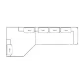Schematic floor plan with five curved seating modules and a separate room featuring a single rectangular element, black lines on white.