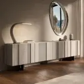 Distinguished Cattelan Italia Amsterdam sideboard with alternating vertical panels in textured light neutral ceramic and dark metallic legs