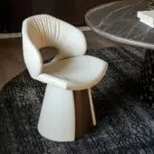 Distinctive Cattelan Italia Dafne chair with perforated backrest, white fabric upholstery and dark brown wood base with metal breastplate
