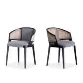 Elegant Potocco Velis Cane dining armchair with dark wood frame and gray textile cushioning in woven cane