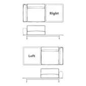 Modular sofa configurations diagram with black line drawings on white, showing left and right arrangements with square modules and cylindrical legs.