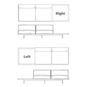 Modular sofa diagram showing right and left configurations, black line drawing, rectangular cushions, cylindrical metal legs, white background.