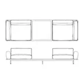 Modular sofa line drawing, gray, rectangular seat cushions with a central platform and low base, minimalist geometric design.