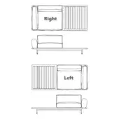 Modular sofa diagram showing “Right” and “Left” configurations with cushioned and slatted sections, plus low-profile frame side views.