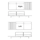 Modular sofa configurations graphic, black and white line drawing, showing ribbed texture sections, rounded cushions, cylindrical legs, and labeled orientations.