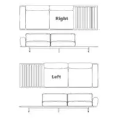 Modular sofa configurations, white upholstery, rounded arms, slatted extensions, dark legs, studio shot, labeled “Right” and “Left”.