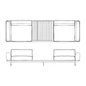 Modular seating arrangement with rectangular table, featuring cushioned seats, curved backrests, and a slatted table top in a line drawing.