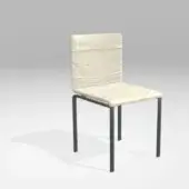 Dining chair, cream ribbed upholstery, dark gray metal legs, high back with horizontal paneling and subtle wrinkling, minimalist modern design.
