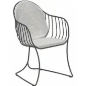 Metal chair with gray fabric upholstery, curved open frame, and matte black finish, minimalist design against a white backdrop.