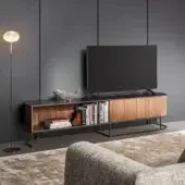 Distinguished Bonaldo Dune TV stand with lead lacquered wood, coal oak doors and lead metal base showcasing vertical ribbed texture