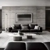 Superior 4 Mariani Kristall sofa with leather straps supporting cushions in dark grey or black with a matte finish