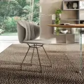 Elegant Lago Ruffle chair with quilted finish and curved silhouette in light gray textile with dark-finished metal legs