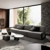 Distinctive 4 Mariani Fellini sofa upholstered in uniform gray textile with matte finish and built with a solid poplar wood frame