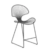 Black metal Ostrea stool with radiating wire backrest and seat, featuring a matte finish and triangular leg base for stability.