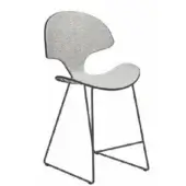 Dining chair, gray fabric upholstery, curved back with cutout, black metal frame, triangular base, angled legs, textured woven seat.