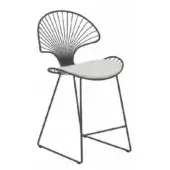 Black metal stool with fan-shaped backrest, light gray fabric seat, triangular leg base, matte finish, studio product shot.