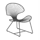 Black metal lounge chair with radiating rod design, open backrest, and geometric angled legs, studio shot on white background.