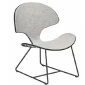 Lounge chair, gray fabric upholstery, sculpted open back; black metal frame, rectangular base, curved armrest, matte finish, studio shot.