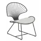 Black metal lounge chair with radiating backrest, light gray fabric seat, and angled geometric base, studio shot.