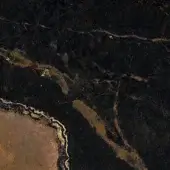 Polished stone texture with black and gold veining, featuring cracks and fissures across a mottled surface, transitioning to beige tones.