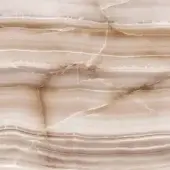 Onice onyx texture displaying horizontal bands of beige, cream, and brown with dark brown veins, polished surface, translucent appearance.